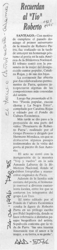 Recuerdan al "Tío" Roberto  [artículo].