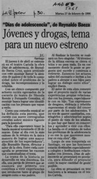 Jóvenes y drogas, tema para un nuevo estreno  [artículo] J. C.