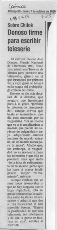 Donoso firme para escribir teleserie  [artículo].
