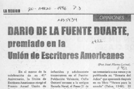 Dario de la Fuente Duarte, premiado en la Unión de Escritores Americanos  [artículo] José Flores Leiva.