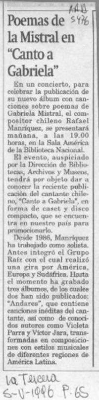 Poemas de la Mistral en "Canto a Gabriela"  [artículo].