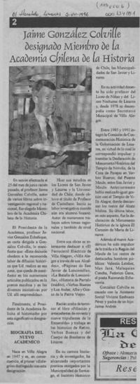 Jaime González Colville designado Miembro de la Academia Chilena de la Historia  [artículo].