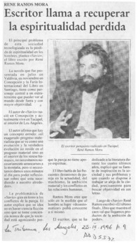 Escritor llama a recuperar la espiritualidad perdida  [artículo].