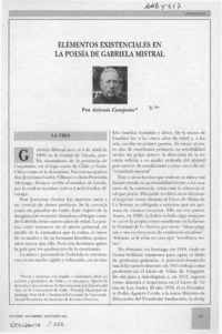 Elementos existenciales en la poesía de Gabriela Mistral  [artículo] Antonio Campaña.
