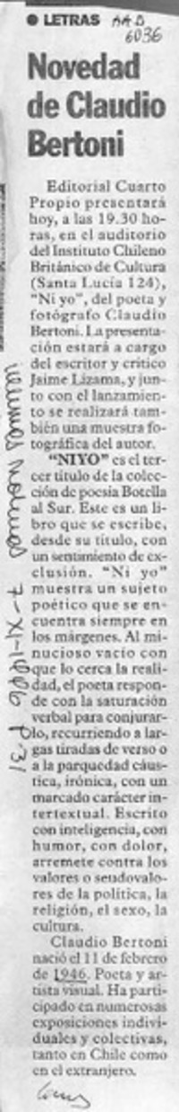 Novedad de Claudio Bertoni  [artículo].