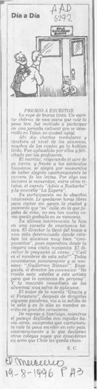 Premio a escritor  [artículo] E. C.