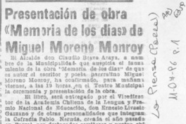 Presentación de obra "Memoria de los días" de Miguel Moreno Monroy  [artículo].