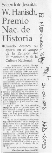 W. Hanisch, Premio Nac. de Historia  [artículo].