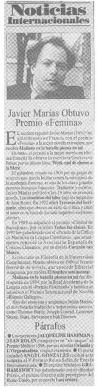 Javier Marías obtuvo premio "Femina"