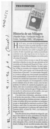 Historia de un milagro  [artículo] Francisca Abogabir Said.