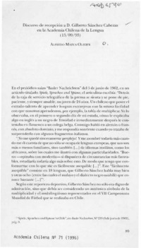 Discurso de recepción a D. Gilberto Sánchez Cabezas en la academia Chilena de la Lengua  [artículo] Alfredo Matus Olivier.
