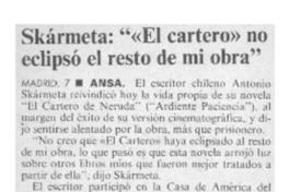Skármeta, "El cartero" no eclipsó el resto de mi obra  [artículo].