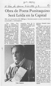 Obra de poeta Punitaquino será leída en la capital  [artículo].