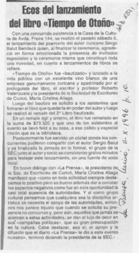 Ecos del lanzamiento del libro "Tiempo de otoño"  [artículo].