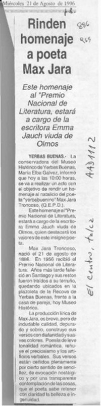 Rinden homenaje a poeta Max Jara  [artículo].