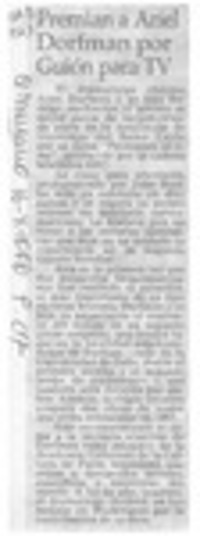 Premian a Ariel Dorfman por guión para TV  [artículo].