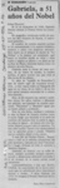 Gabriela, a 51 años del Nobel  [artículo] Juan Meza Sepúlveda.