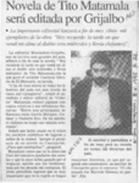 Novela de Tito Matamala será editada por Grijalbo  [artículo].