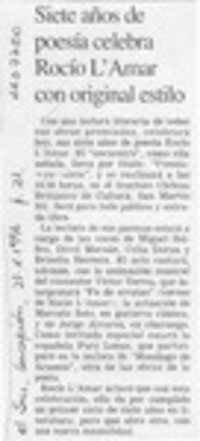 Siete años de poesía celebra Rocío L'Amar con original estilo  [artículo].