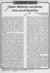 Omar Monroy: un poeta vivo en el desierto  [artículo] Pedro Meléndez Páez.