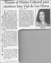 Premio al mérito cultural para escritora Sara Vial de los Heros  [artículo].