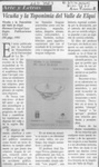 Vicuña y la toponimia del valle de Elqui  [artículo] Arturo Volantines R.