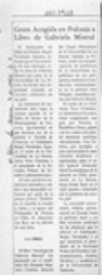 Grata acogida en Polonia a libro de Gabriela Mistral  [artículo].