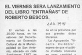 El Viernes será lanzamiento del libro "Entrañas" de Roberto Bescos  [artículo].
