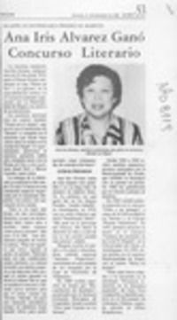 Ana Iris Alvarez ganó concurso literario.  [artículo]