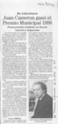 Juan Cameron ganó el premio municipal 1996  [artículo]