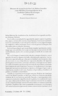 Discurso de recepción de don Luis Muñoz González como Miembro correpondiente de la Academia Chilena de la Lengua en Concepción  [artículo] Ernesto Livacic Gazzano.