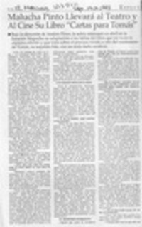 Malucha Pinto llevará al teatro y al cine su libro "Cartas para Tomás"  [artículo] Claudia Cifuentes.