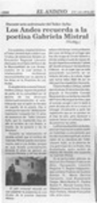 Los Andes recuerda a la poetisa Gabriela Mistral  [artículo].