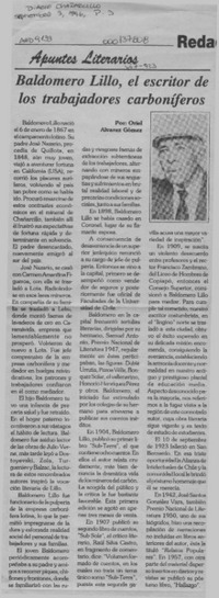 Baldomero Lillo, el escritor de los trabajadores carboníferos  [artículo] Oriel Alvarez Gómez.