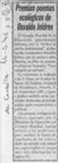 Premian poemas ecológicos de Osvaldo Jeldres  [artículo].