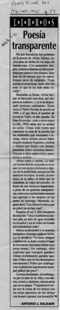 Poesía transparente  [artículo] Antonio J. Salgado.