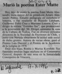 Murió la poetisa Ester Matte.