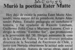 Murió la poetisa Ester Matte.