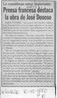 Prensa francesa destaca la obra de José Donoso  [artículo].