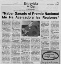 "Haber ganado el Premio Nacional me ha acercado a las regiones"  [artículo] Abel Fuchslocher L.