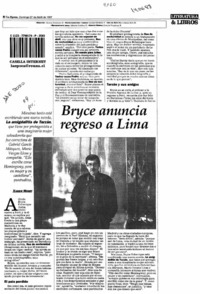 Bryce anuncia regreso a Lima  [artículo] Xavier Moret.