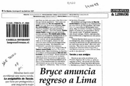 Bryce anuncia regreso a Lima  [artículo] Xavier Moret.