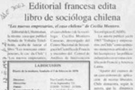 Editorial francesa edita libro de socióloga chilena  [artículo].