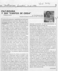 Paz Molina y sus "Cantos de ciega"  [artículo] Tulio Mendoza Belio.