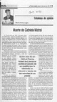 Muerte de Gabriela Mistral  [artículo] Marino Muñoz Lagos.