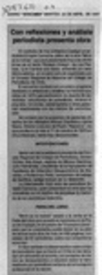 Con reflexiones y análisis periodista presenta obra  [artículo].