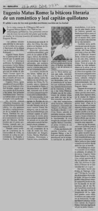 Eugenio Matus Romo, la bitácora literaria de un romántico y leal capitán quillotano  [artículo].