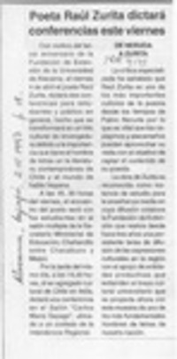 Poeta Raúl Zurita dictará conferencias este viernes  [artículo].