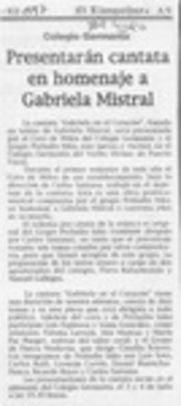 Presentarán cantata en homenaje a Gabriela Mistral  [artículo].