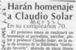 Harán homenaje a Claudio Solar  [artículo].